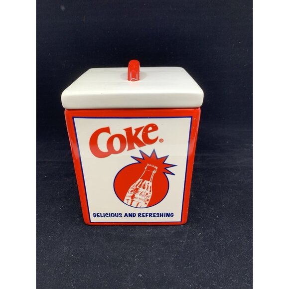 Square Coca-Cola Cannister 2008 Pacific Enterprises 7" Tall Porcelain Storage - Picture 4 of 13